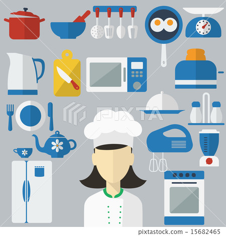 Flat design concept icons of kitchen utensils with a chef on banners. Cooking tools and kitchenware 15682465
