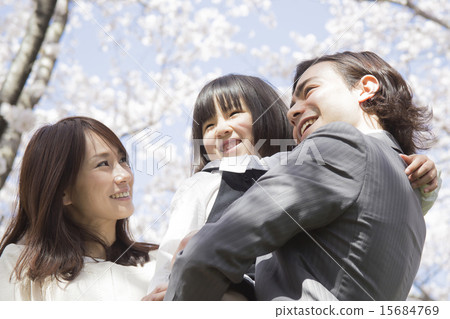 Families standing on a row of cherry blossoms 15684769