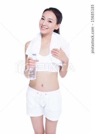 healthy asian woman with towel and water bottle healthy asian woman with towel and water bottle 15685185