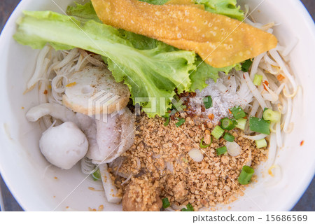 Thin noodle with meat ball and vegetables 15686569