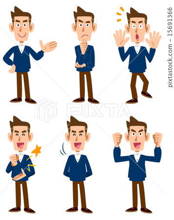 Men of V-neck sweater, 6 types of facial expressions and gestures Men of V-neck sweater, 6 types of facial expressions and gestures 15691366
