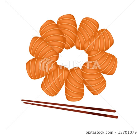 Salmon Sashimi with Chopsticks on White Background Salmon Sashimi with Chopsticks on White Background 15701079