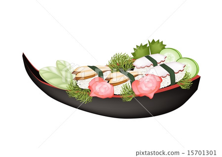 Unagi Sushi and Tako Sushi on Wooden Boat 15701301