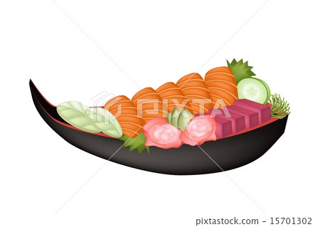 Salmon Sashimi and Tuna Sasimi on Wooden Boat Salmon Sashimi and Tuna Sasimi on Wooden Boat 15701302