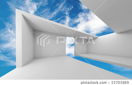 3d empty white futuristic interior and blue sky 15703869