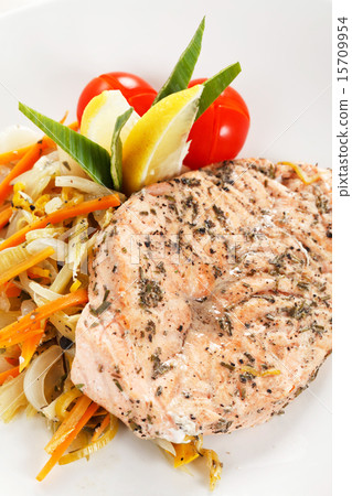 salmon steak with vegetables salmon steak with vegetables 15709954