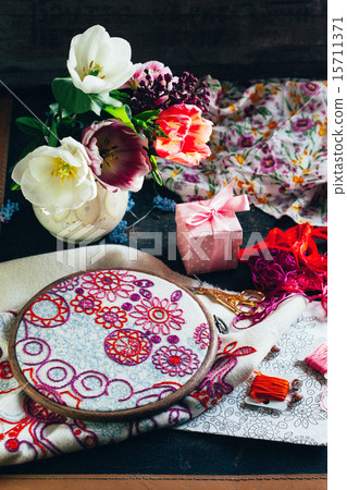 colorful embroidery with flowers 15711371