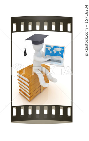 3d man on books and laptop . The film strip 15716234