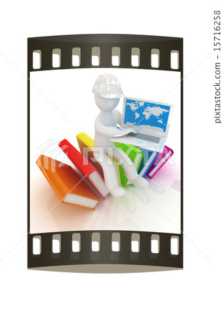 3d man on books and laptop . The film strip 3d man on books and laptop . The film strip 15716258
