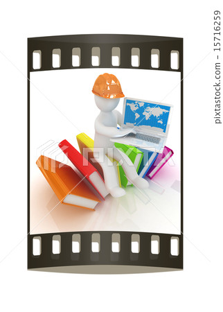 3d man on books and laptop . The film strip 3d man on books and laptop . The film strip 15716259