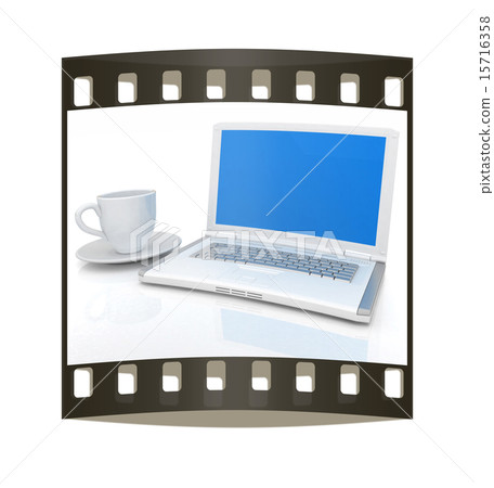 3d cup and a laptop. The film strip 15716358