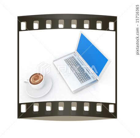 3d cup and a laptop. The film strip 15716365