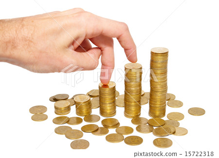 Hand on gold coin staircase isolated on white Hand on gold coin staircase isolated on white 15722318