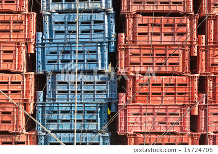 Empty plastic cargo boxes are stacked Empty plastic cargo boxes are stacked 15724708