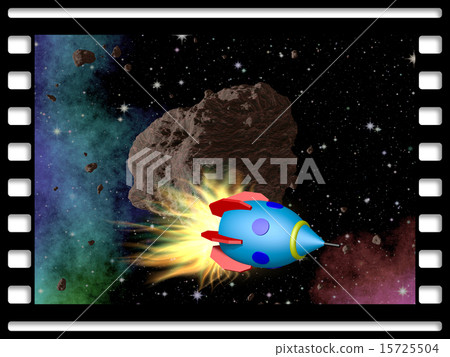Film frame with asteroid and rocket 15725504