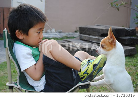 孩子和狗盯著對方 15726319