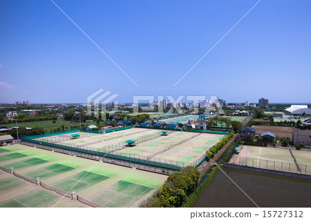 Aerial view of landscape with tennis court Aerial view of landscape with tennis court 15727312
