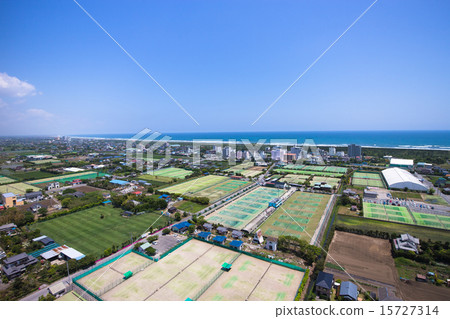 Aerial view of landscape with tennis court 15727314