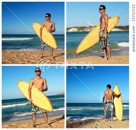 Collage with surfer holding surf board on beach 15731522