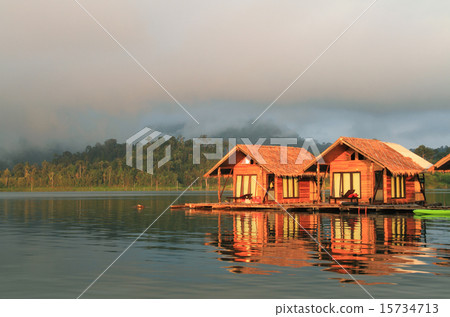 Refraction of hut in Lake Khao Sok national Refraction of hut in Lake Khao Sok national 15734713