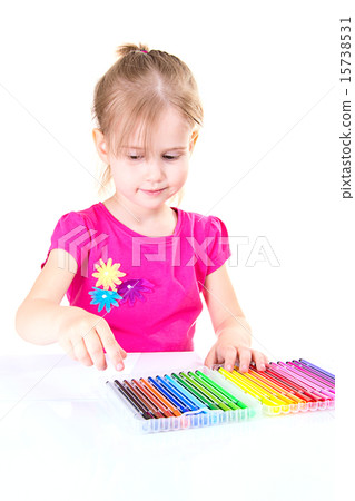 Little Girl Drawing on a White Table. Little Girl Drawing on a White Table. 15738531