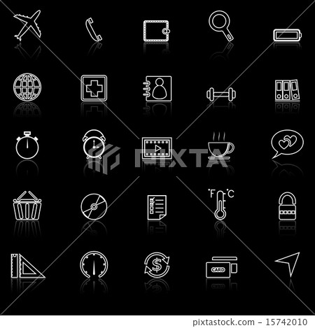 Stock Illustration: Application line icons with reflect on black.Set 2