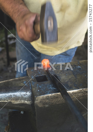 Blacksmith forges iron on anvil Blacksmith forges iron on anvil 15743277