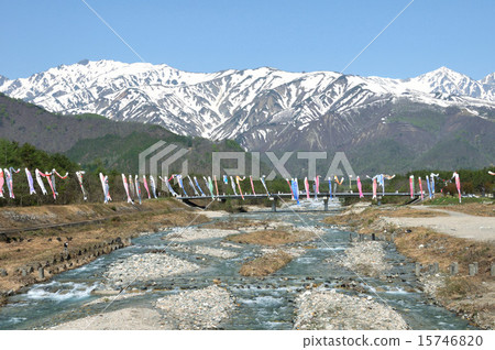 Hakuba Northern Alps in Nagano Prefecture and carp streamer in Hirakawa 15746820