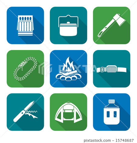 white color flat style various camping icons set 15748687