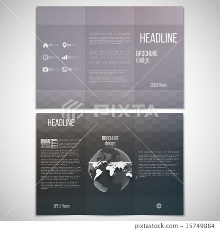 Vector set of tri-fold brochure design template on both sides with world globe element. Abstract 15749884