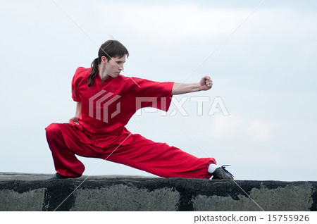 Wushoo man in red practice martial art Wushoo man in red practice martial art 15755926