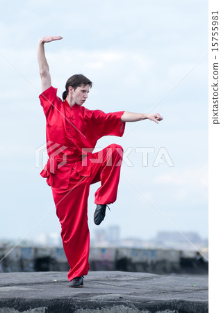 Wushoo man in red practice martial art 15755981