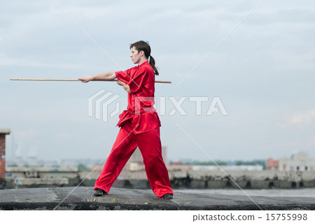Wushoo man in red practice martial art 15755998