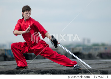 Wushoo man in red practice martial art 15756101