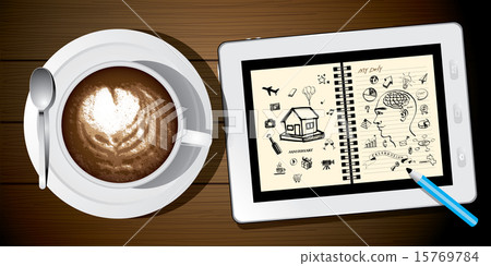 cup of coffee, tablet with icon, 15769784