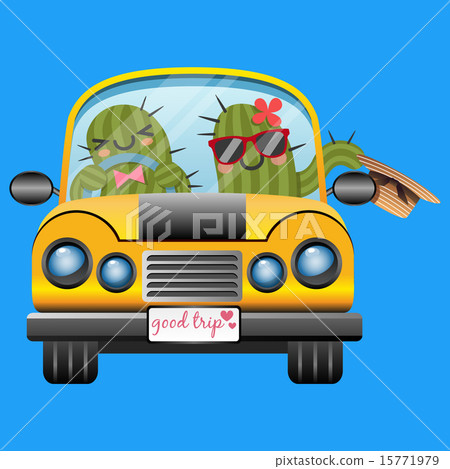 loving couple of cactus in yellow car 15771979