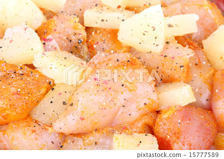 Cutted chicken breast fillet with pineapple pieces Cutted chicken breast fillet with pineapple pieces 15777589