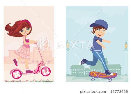 happy boy on a skateboard and girl on scooter 15778466