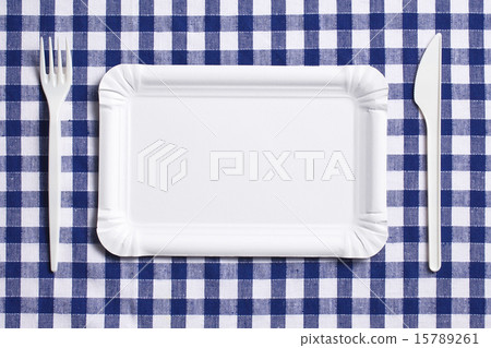 plastic cutlery on checkered tablecloth 15789261