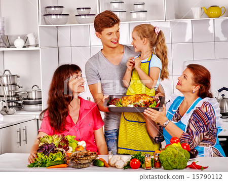 Happy family with grandmother at kitchen. Happy family with grandmother at kitchen. 15790112