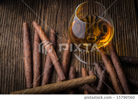 Stock Photo: quality cigars and cognac