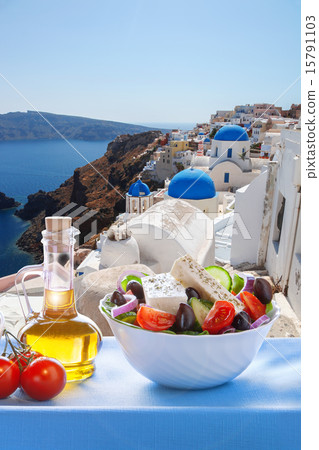 Santorini island with Greek salad in Greece Santorini island with Greek salad in Greece 15791103