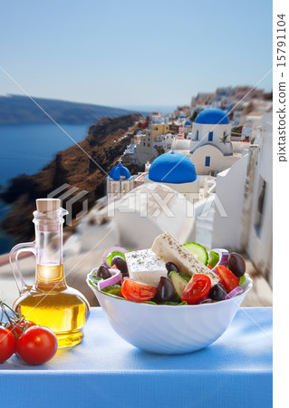 Santorini island with Greek salad in Greece Santorini island with Greek salad in Greece 15791104