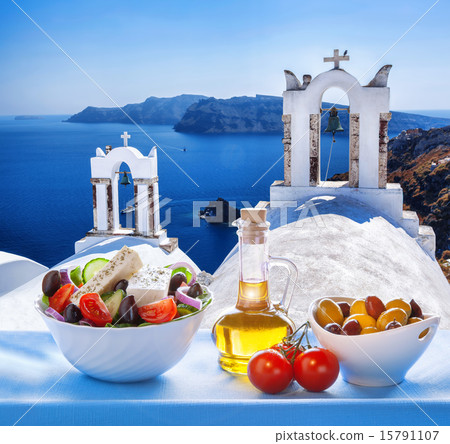 Santorini island with Greek salad in Greece Santorini island with Greek salad in Greece 15791107