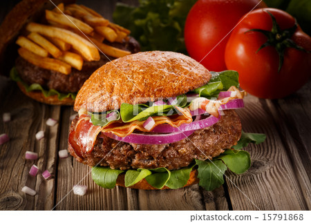 Burger with bacon close up. Burger with bacon close up. 15791868