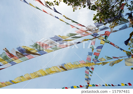 Nepal Five color flags flying in Lumbini style Talcho 15797481