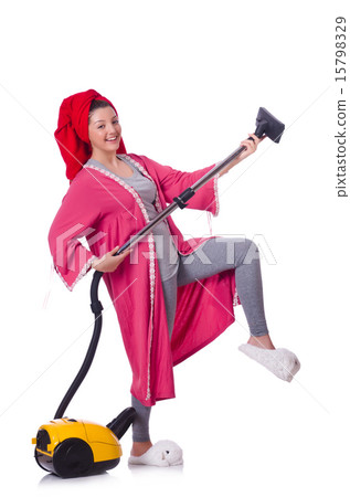 Woman working with vacuum cleaner on white 15798329