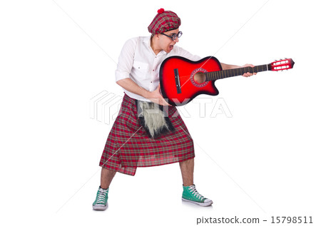 Funny scotsman with guitar on white 15798511
