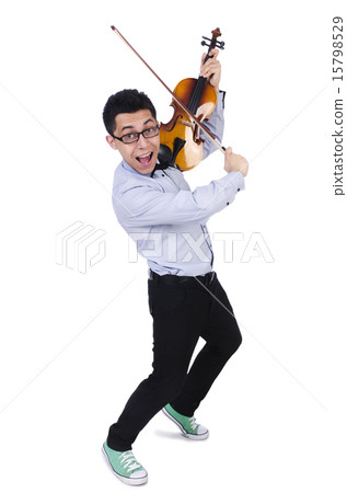 Funny man with violin on white 15798529