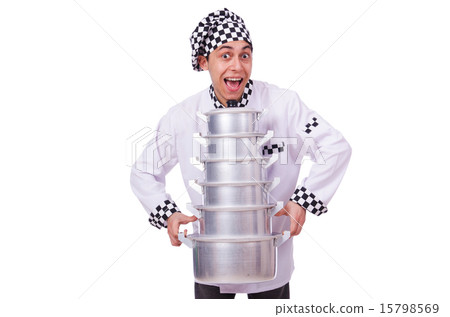 Cook with stack of pots on white 15798569